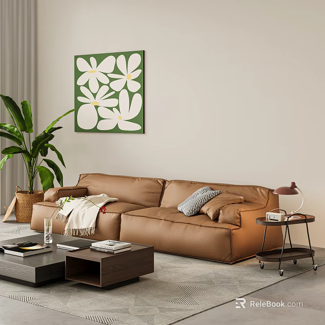 Modern Brown Leather Sofa Coffee Table Set With Green Plant Decorative Painting And Side Table 3d model 