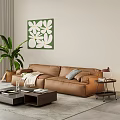 Modern Brown Leather Sofa Coffee Table Set With Green Plant Decorative Painting And Side Table
