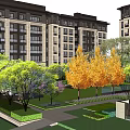Residential Courtyard Landscape With Green Lawn Colorful Trees Pathways And Seating Area