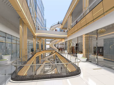 Shopping Mall Lobby Modern Design Spacious Bright Interior With Golden Railings Glass Walls and Escalators 3d model