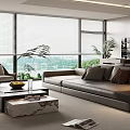 Modern Living and Dining Room Interior With Open Layout Large Windows Sofa And Decorative Plants