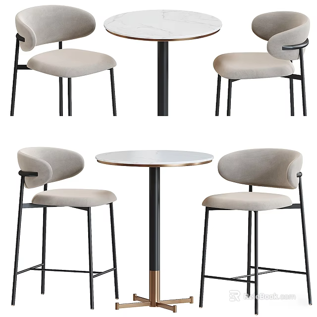 Modern Bar Counter Design With Round Table And Upholstered Metal Frame Stools 3d model 