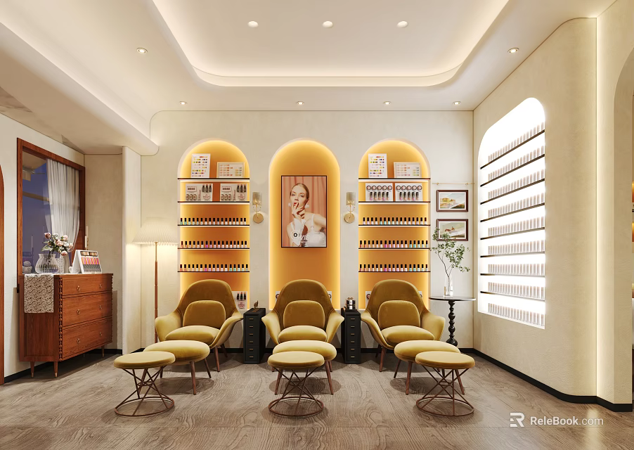 Elegant Beauty Hair Salon Interior With Yellow Styling Chairs And Product Displays 3d model 