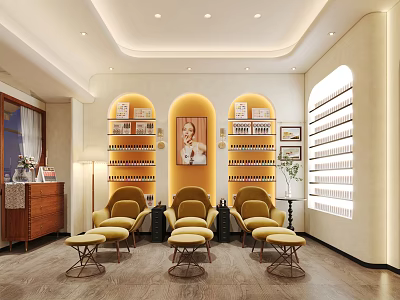 Elegant Beauty Hair Salon Interior With Yellow Styling Chairs And Product Displays 3d model