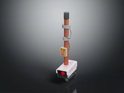 Industrial Device With White Base Brown Pole Gray Top Red Button And Yellow Label 3d model