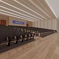 Spacious Conference Room With Grid Ceiling Large Screen Side Displays And Rows Of Seats