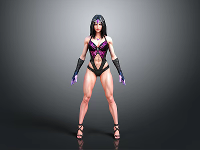 Muscular Woman In Purple Black Bodysuit With Headpiece Long Gloves High Heels And Gray Background 3d model