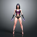 Muscular Woman In Purple Black Bodysuit With Headpiece Long Gloves High Heels And Gray Background