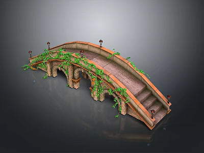 Scenic Stone Bridge with Green Vines Arched Arches Steps and Lamp Posts 3d model