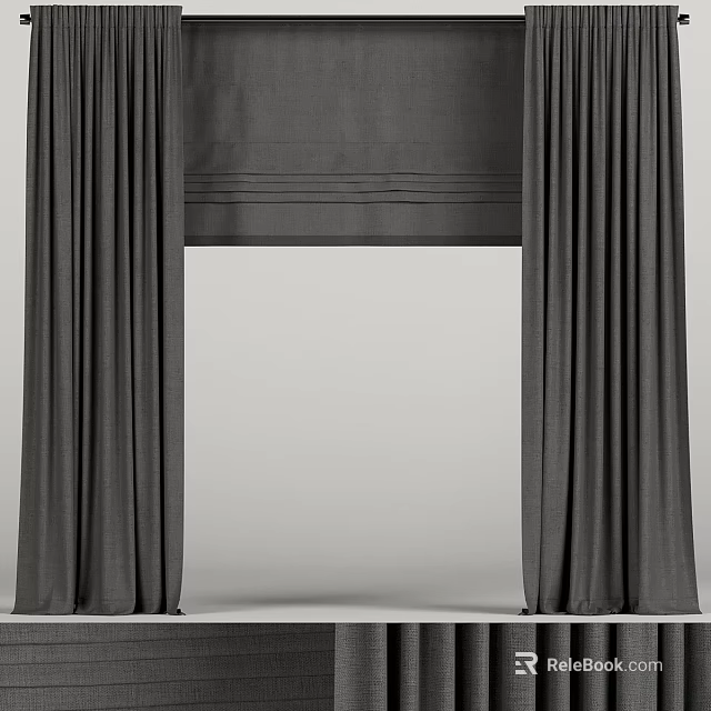 Gray Thick Curtains Open on Both Sides with Top Decorative Rail 3d model