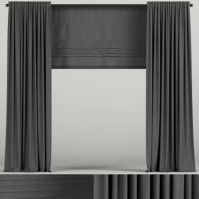 Gray Thick Curtains Open on Both Sides with Top Decorative Rail 3d model