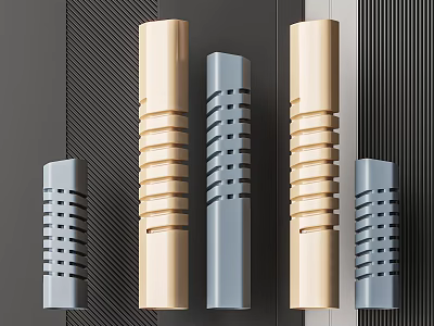 Decorative Pendants In Light Wood Gray With Striped Hole Patterns Arranged On Dark Background 3d model