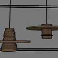 Two Modern Wooden Pendant Lights With Layered Disc Shades And Illuminated Design