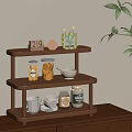 Three Tier Wooden Storage Shelf With Cups Plates Jars And Decorative Items