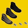 Stylish Leather Boots in Black Gray Beige on Transparent Display Stand with Price Tags
