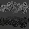 Various Sizes Black And Gray Metal Gears Arranged In Two Rows