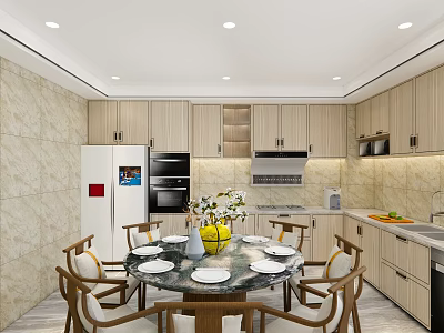 Modern Restaurant Interior With Marble Dining Table Wooden Cabinets Recessed Lights And Flower Vase 3d model