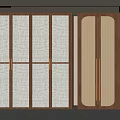 Modern Wardrobe Design Featuring Wooden Frame Vertical Striped And Circular Slat Panels With Golden Handles