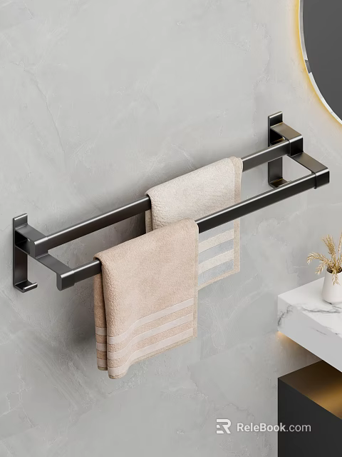 Bathroom Metal Towel Rack With Beige Striped Light Gray Towels On Gray Wall 3d model 