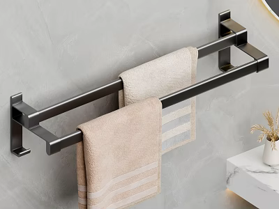 Bathroom Metal Towel Rack With Beige Striped Light Gray Towels On Gray Wall 3d model