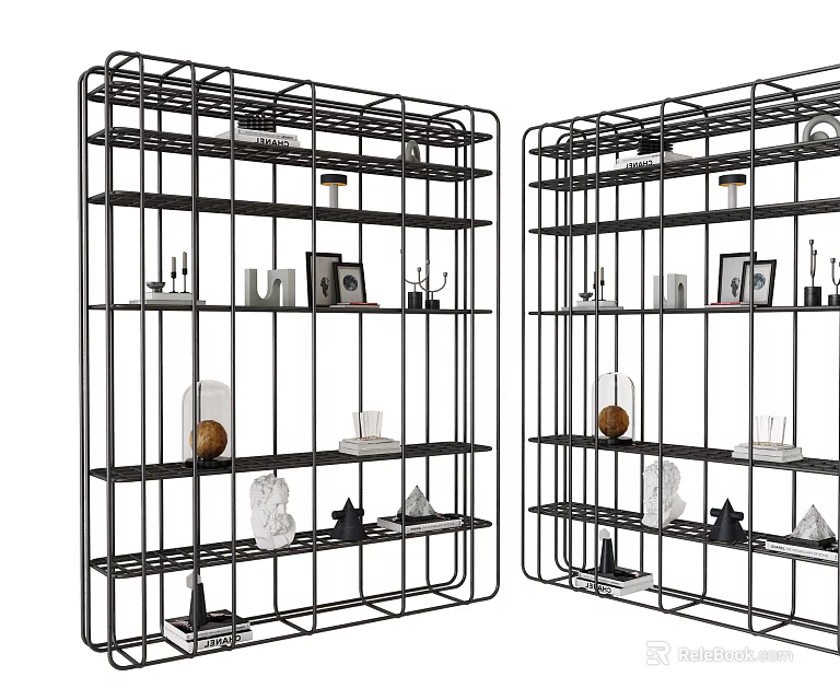 Modern Black Metal Shelving Units With Multiple Shelves And Decorative Items 3d model 