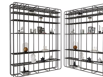 Modern Black Metal Shelving Units With Multiple Shelves And Decorative Items 3d model
