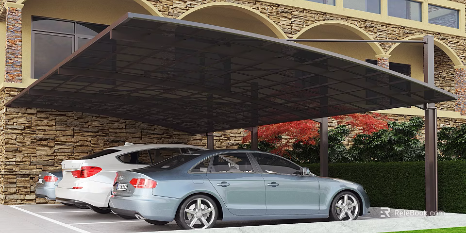 Carport Covering Two Cars With Stone Wall Arched Structure And Greenery Background 3d model 