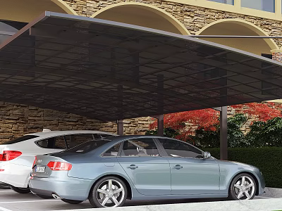 Carport Covering Two Cars With Stone Wall Arched Structure And Greenery Background 3d model