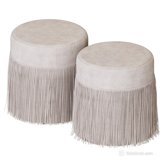 Set of Two Round Light Beige Fringe Trimmed Ottomans for Living Room Home Decor 3d model 