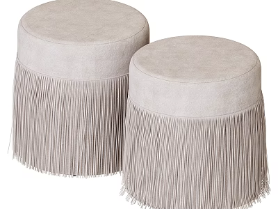 Set of Two Round Light Beige Fringe Trimmed Ottomans for Living Room Home Decor 3d model