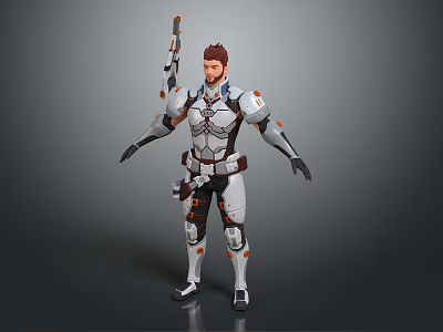 Futuristic Male Character in White Tech Armor with Orange Black Accents Holding Rifle 3d model