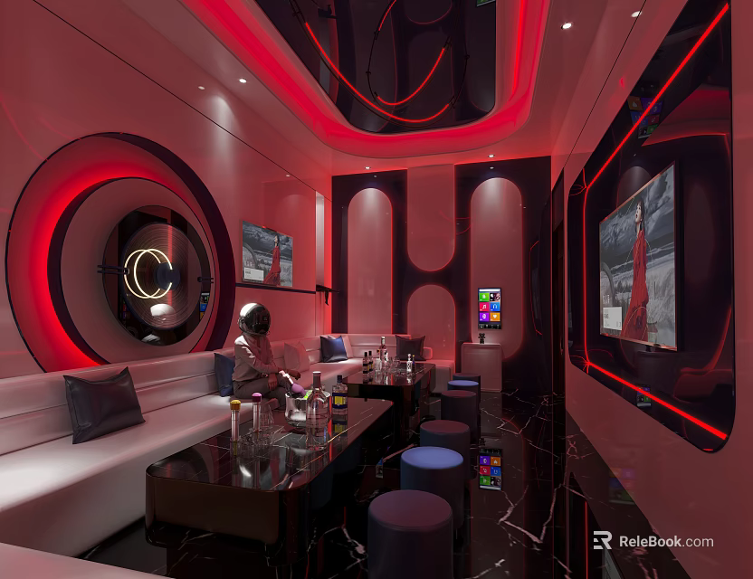 Modern KTV Interior With Red Lighting Sofa Seats TV Screen Tables And Drinks 3d model 