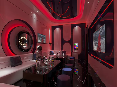 Modern KTV Interior With Red Lighting Sofa Seats TV Screen Tables And Drinks 3d model