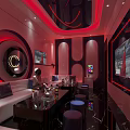Modern KTV Interior With Red Lighting Sofa Seats TV Screen Tables And Drinks