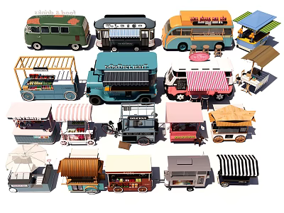 Commercial Food Vending Equipment Including Trucks Carts And Stalls With Various Designs 3d model
