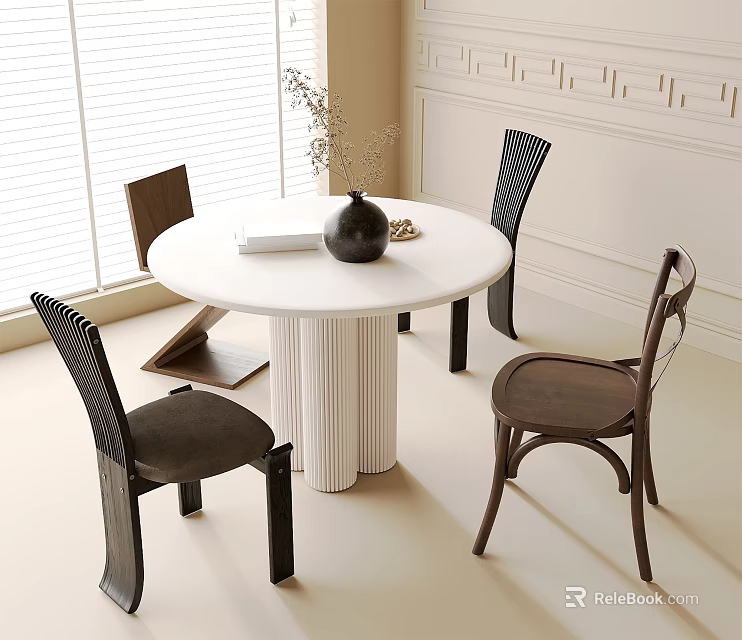 Modern Round White Dining Table With Black Brown Wooden Chairs And Vase In Minimalist Interior Room 3d model 