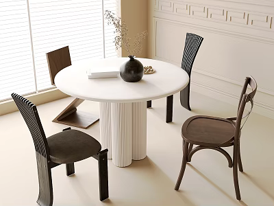 Modern Round White Dining Table With Black Brown Wooden Chairs And Vase In Minimalist Interior Room 3d model