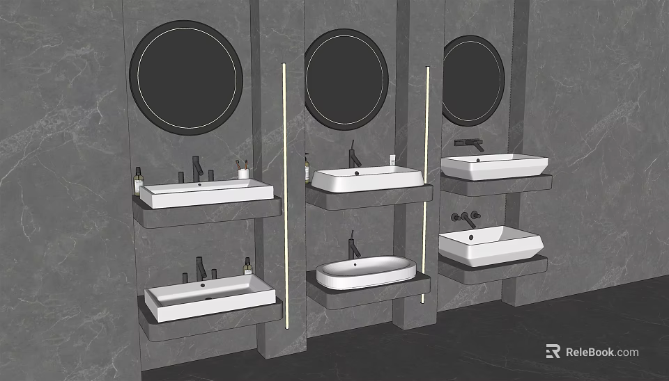 Modern Bathroom With Three Washbasins And Round Mirrors On Gray Walls 3d model 