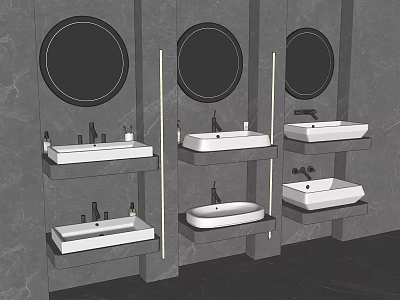 Modern Bathroom With Three Washbasins And Round Mirrors On Gray Walls 3d model