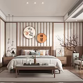 Japanese Style Bedroom Interior With Wooden Lattice Doors Round Wall Art Bed And Wooden Flooring