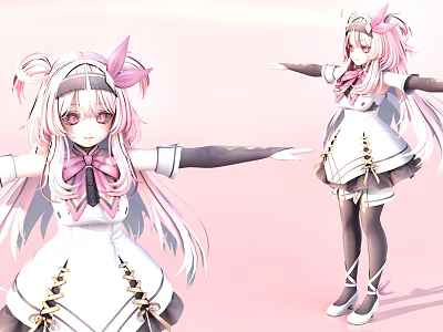 Game And Movie Character With Pink Hair Bow White Outfit Golden Details And Black Stockings 3d model