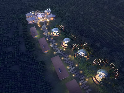 Night Garden Landscape with Dome Structures Trees and Lighting Pathways Connecting Buildings Natural Design 3d model