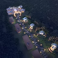 Night Garden Landscape with Dome Structures Trees and Lighting Pathways Connecting Buildings Natural Design