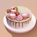 Delicious Cake Decorated With Fresh Strawberries Macarons Pink Roses Creamy Frosting And Dripping Gold Sauce