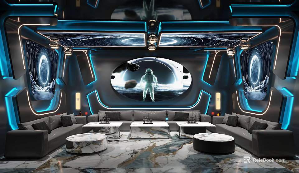 Modern Space Theme KTV Interior with Blue Lighting Astronaut Mural Sofas and Round Coffee Tables 3d model