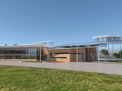 Modern Architectural Building Exterior With Glass Windows White Roof And Green Grass Area 3d model