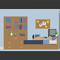 Cartoon Room Scene With Blue Walls Bookshelf Computer Bed Rug Curtains And Wall Art