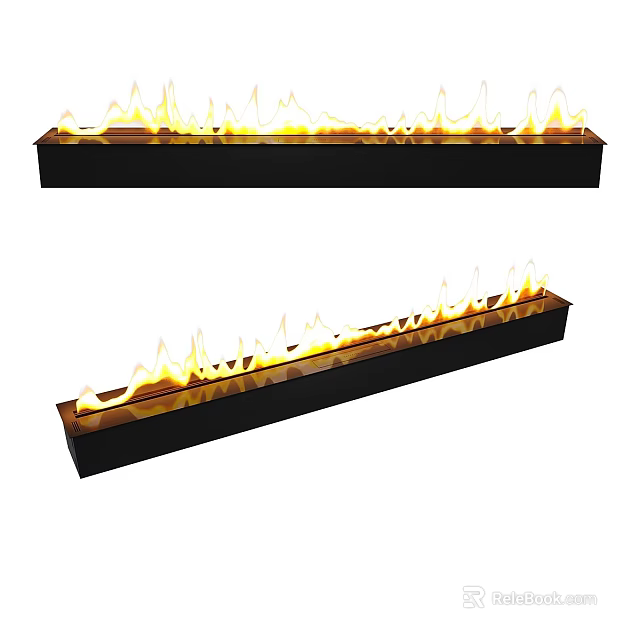 Modern Linear Fireplace Design With Realistic Flames And Black Frame For Home Interior 3d model 