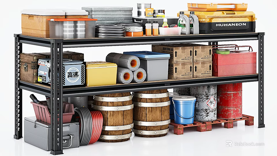 Sturdy Metal Storage Shelf With Wooden Barrels Colorful Boxes Jars And Pallets 3d model 