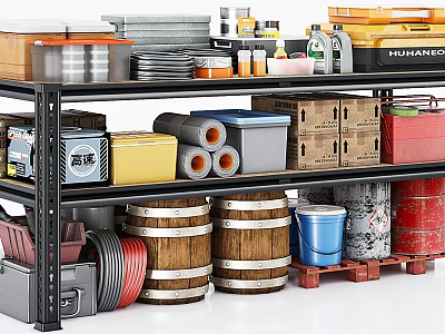 Sturdy Metal Storage Shelf With Wooden Barrels Colorful Boxes Jars And Pallets 3d model